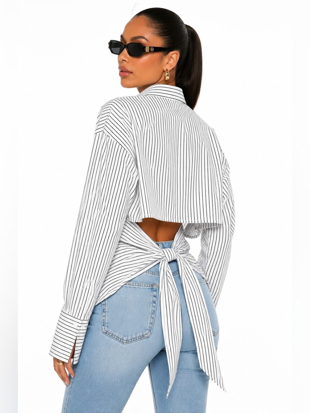 Good American Striped Poplin Open Back Tie Button Up Shirt Small Cotton